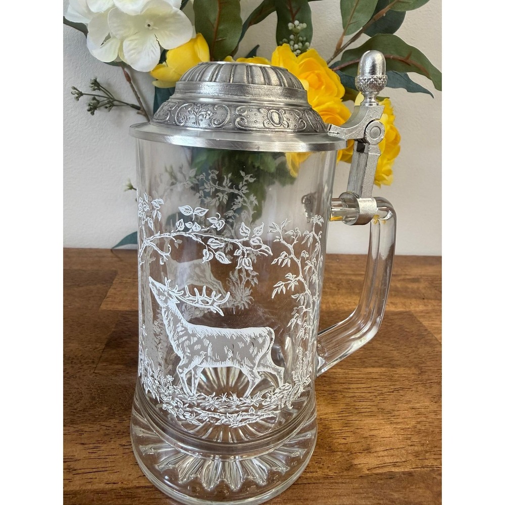 Vintage German‎ Beer Stein Glass Tankard Pewter Lid Etched Deer Bavaria Mug